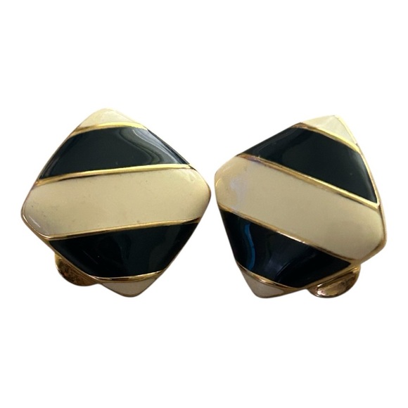 Vintage Monet Black & Cream Enamel Geometric Clip-On Earrings - Picture 1 of 4